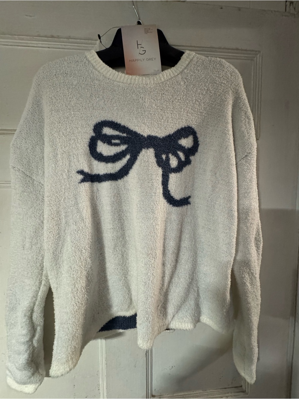 Happily Grey Cream Crewneck Sweater with Gray Bow